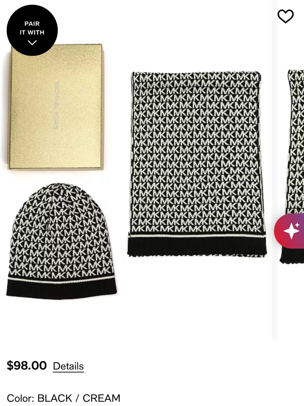 Michael Kors Black and Cream MK Logo Knit Beanie and Scarf Set